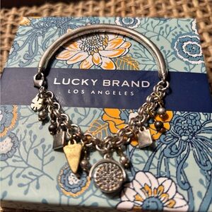 Lucky Brand Set-Multi-Metal Charm Bracelet, Silver Hoops, Key Necklace